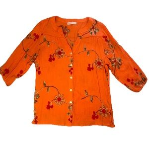 Ana & Rose Linen Embroidered Blouse Womens Size M Floral Boho Button Up‎ Hippie